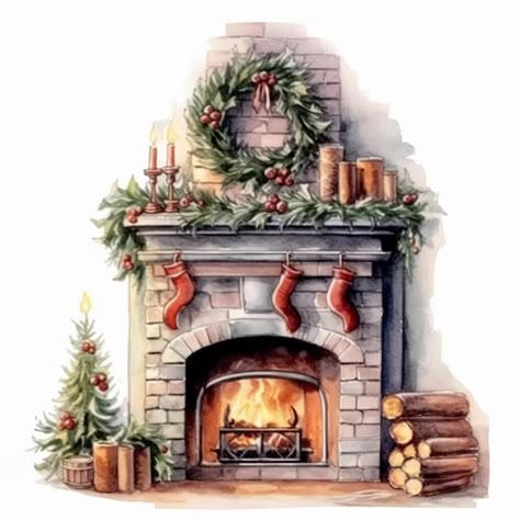 Fireplace Drawing, Christmas Trivia, Christmas Card Art, Christmas Mantel, Watercolor Images, Candle Labels, Christmas Mantels, Christmas Fireplace, Custom Candles