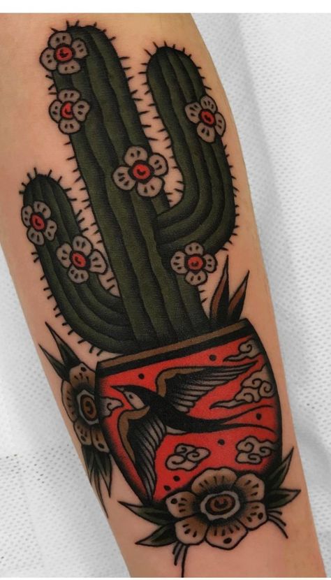 Traditional Tattoos Cactus, Prickly Pear Cactus Tattoo, Traditional Cactus Tattoo, Traditional Cactus, 59 Tattoo, Cactus With Flowers, Traditional Tattoo Inspiration, Traditional Tattoo Flowers, Floral Thigh Tattoos