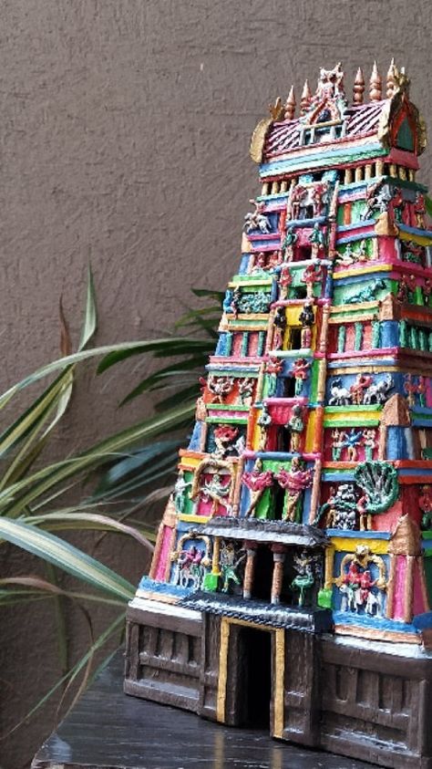 thekraftco_insta on Instagram: Meenakshi Temple Gopuram Made from Cardboard Full Tutorial Video Link in Bio Temple Gopuram, Temple Sculpture, Meenakshi Temple, Temple Indian, Science Model, Ceramic Plates Art, Rig Veda, Ganesh Decoration, Temple Decoration