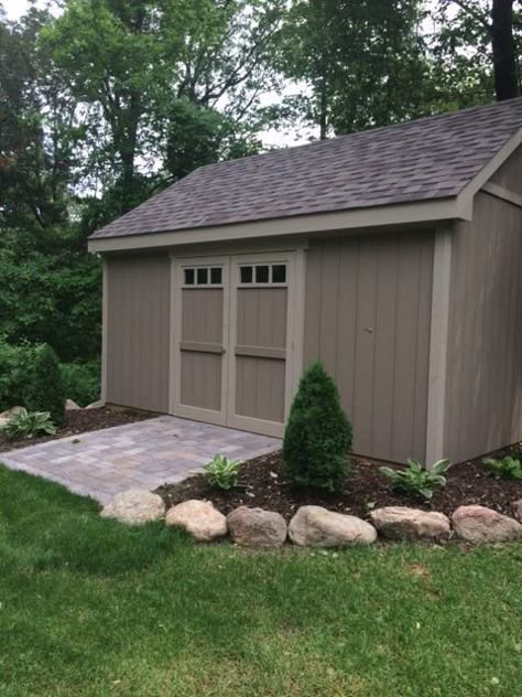 Shed In Small Backyard, Walkway To Shed Backyards, Landscape Around Storage Shed, Shed Placement In Yard, Landscaping Around Storage Shed, Shed On Sloped Yard, Shed Front Ideas, Small Shed Makeover, Shed Entrance Ideas