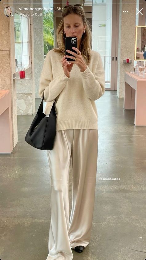 Silk Pants Street Style, Satin Flats Outfit, Champagne Satin Pants Outfit, Ysl Casual Outfit, Elegant Lazy Outfit, Christmas Day Comfy Outfit, Monochrome Classy Outfit, Classy Lazy Outfits, White Silk Pants Outfit