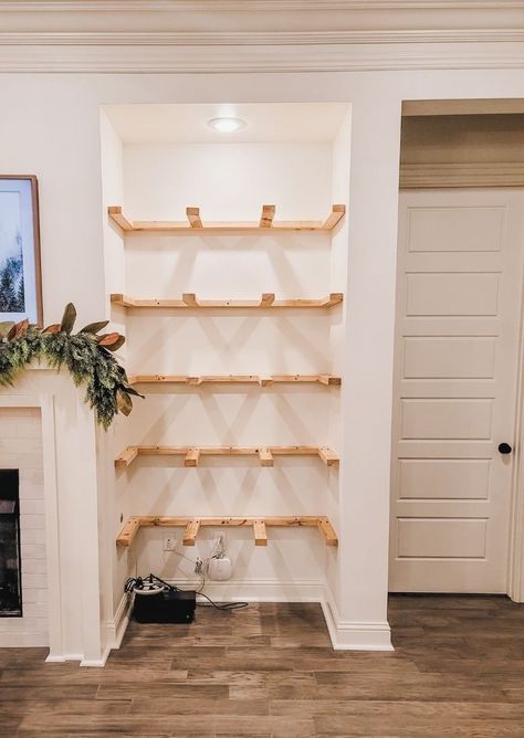 Floating Fireplace Shelves, Diy Modern Built Ins, Making Built In Shelves, End Of Hall Floating Shelves, Inset Floating Shelves, Diy Shelves By Fireplace, Hardware For Floating Shelves, Plywood Box Shelves, Lighting Floating Shelves