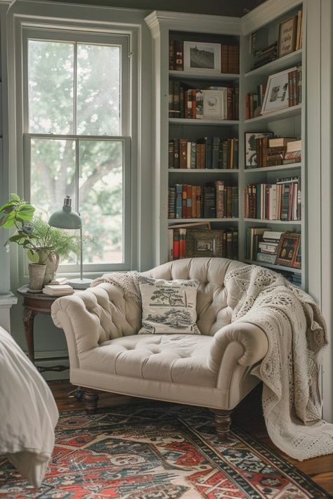 Corner Bedroom Bookshelves, Corner Window Reading Nook, Corner Bookshelf Bedroom, Library With Reading Nook, Library Cozy Aesthetic, Bedroom Book Nook Ideas, Cozy Book Bedrooms, Cozy Bedroom With Bookshelves, Bookshelves In Bedroom Master