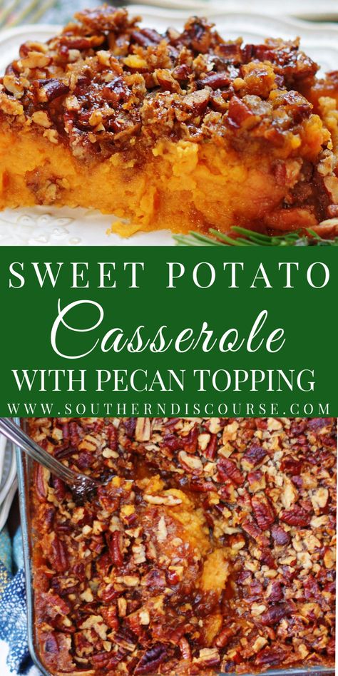 Sweet Potato Casserole with Pecan Topping - southern discourse Sweet Potatoes Casserole With Pecans, Aesthetic Landscape Wallpaper, Sweet Potato Casserole Southern, Southern Discourse, Potatoes Casserole, Thanksgiving Tradition, Sweet Pot, Best Sweet Potato Casserole, Sweet Potato Pecan