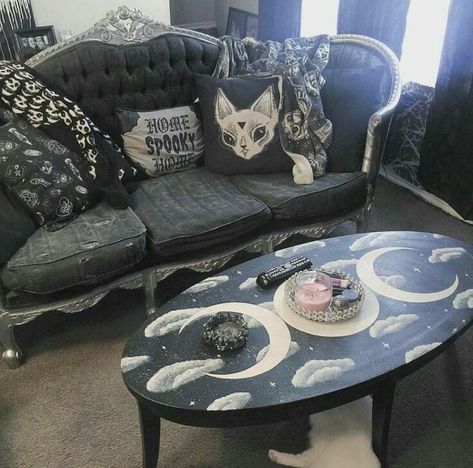 a little kitschy but super cute, too! Sofa is gorgeous and perfectly witchy. Gothic Home Decor Ideas, Goth Home, Goth Home Decor, Dark Home, Goth Decor, Witchy Decor, Gothic Decor, Gothic Home Decor, Gothic House