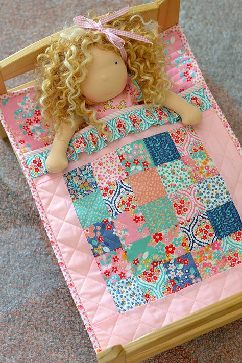 Welcome to my stop on the Forget Me Not blog tour, showcasing this pretty new collection by Tammie Green of Studio T Green for Rile... Doll Blankets, Doll Sleeping Bag, Baby Doll Bed, Doll Bedding, Doll Quilts, Miniature Quilts, Pieced Quilts, Doll Beds, Doll Bed