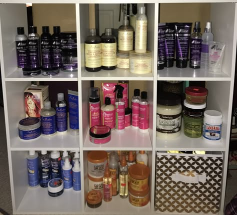 My new storage unit for all my hair products. Oils are in the bin. #ProductJunkie Curly Hair Products Organization, Organizing Hair Products In Bedroom, Storage Ideas For Hair Products, Storage For Hair Products, Hair Product Organizer, Self Care Storage, Hair Product Organization Bedroom, Hair Care Storage Ideas, Hair Product Storage Ideas