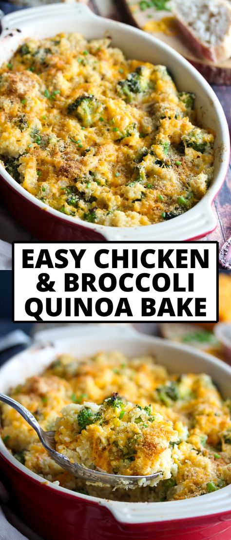 Chicken, broccoli and quinoa are tossed in a lusciously creamy sauce and baked to cheesy perfection in this faux "mac n' cheese" bake. It's a protein-packed, healthy meal the whole family will LOVE. #chickenbreastrecipes #broccolirecipes #healthychickenrecipes #chickendinnerrecipes #dinnerrecipeshealthy #quinoarecipes via @https://www.pinterest.com/jamievespa/ Dinner Recipes Quinoa, Faux Mac, Cheesy Chicken And Broccoli, Quinoa Recipes Dinner, Broccoli Quinoa, Quinoa Bake, Quinoa Recipes Easy, Healthy Easy Dinner, Quinoa Recipes Healthy