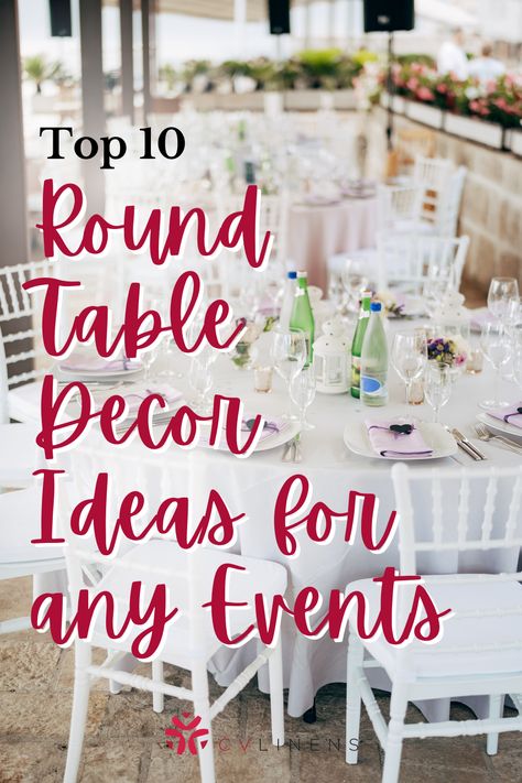 Planning an event and need table decor inspiration? Our blog has got you covered! Discover the top 10 round table decor ideas that will transform your venue. From vibrant floral arrangements to creative place settings, create a visual feast for your guests. event decor event decorating ideas party aesthetic party decorations party ideas party decor Simple Round Table Decorations For Party, Party Centerpieces For Round Tables, Floral Round Table Decor, Round Table Party Centerpieces, Table Centerpieces For Conference, Round Table Overlay Ideas, Table Decorations For Party Events, Gala Dinner Decoration Round Table, Table Decorations For Round Tables