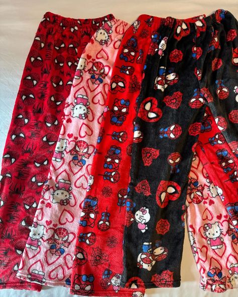 Hello Kitty & Spiderman Plush Pajama Pants - Soft Fuzzy Fleece Lounge Bottoms now available at cutelalaco.com! Link in bio to shop. Follow @cutelalacoshop for more cute items! #hellokitty #hellokittylover #hellokittyfan #spiderman #pajamas Spiderman Pajama Pants, Hello Kitty X Spiderman, Pajamas Hello Kitty, Spiderman Plush, Pajama Pants Outfit, Kitty Spiderman, Hello Kitty Pants, Codes Wallpaper, Spiderman Pajamas