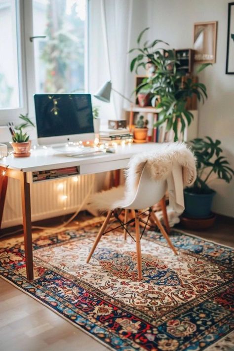 Chic Boho Office Decor Ideas to Inspire Creativity Boho Style Office Work Spaces, Colorful Boho Office, Boho Desk Space, Boho Office Space Workspaces, Boho Chic Home Office, Boho Office Room, Boho Style Office, Boho Chic Office, Boho Office Decor