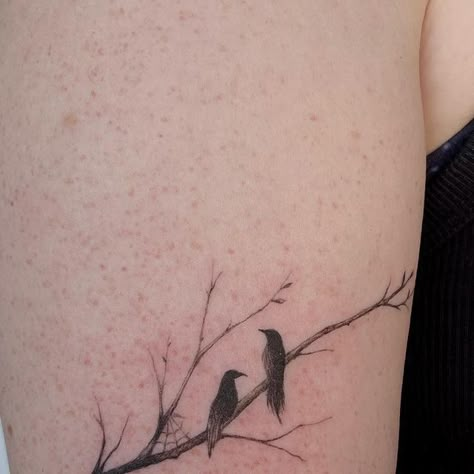 Sabel Lopez on Instagram: "happy Valentine’s Day from these little ravens on a branch 🖤🥀  the coolest first tattoo for Colette! 💖  #birdtattoo #firsttattoo #finelinetattooartist #orlandotattooartist #finelinetattoo #branchtattoo #tree #crowtattoo #raventattoo" Tattoo In Box Idea, 3 Ravens Tattoo, Bird And Star Tattoo, Delicate Raven Tattoo, Crow Tattoo Thigh, Crow And Raven Tattoo, Dainty Raven Tattoo, Tiny Raven Tattoo, Dainty Crow Tattoo