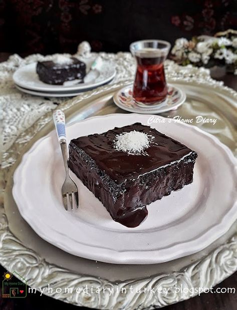 Islak kek (Wet cake) from Turkiye / ıslak kek tarifi Wet Cake, Turkish Chocolate, Mastic Gum, Turkish Desserts, Turkish Food, Moist Chocolate Cake, Grated Coconut, Brownie Cake, Brownie Bar