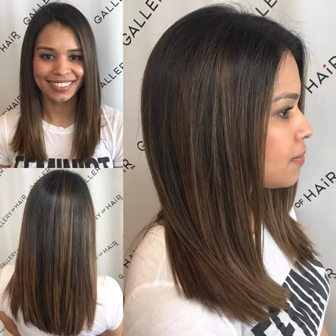 This Sleek Cut with Subtle Layers and Brunette Balayage is a great look for someone seeking a classic feminine style. This layered cut can be worn sleek and straight, with textured waves or curls, or with a simple blowout for body and movement. The soft brunette balayage color gives this look some sexy but subtle definition. Styling tips for this medium length layered haircut and other similar long hairstyles, long bobs, and hair color ideas can be found at Hairstyleology.com Hair Color Ideas For Brunettes Balayage, Medium Length Hair Straight, Balayage Straight Hair, Subtle Layers, Haircuts For Long Hair With Layers, Brunette Balayage, Haircuts For Wavy Hair, Trendy Hair Color, Balayage Brunette