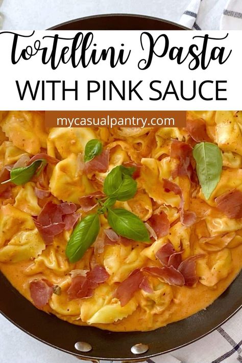 Marinara meets alfredo sauce in this easy pasta dish that comes together in less than 15 minutes. Toss fresh tortellini in this pink sauce for a quick, delicious dinner. Tortellini With Blush Sauce, Tortellini With Pink Sauce, Tortellini Pink Sauce, Pink Sauce Tortellini, Tortellini With Alfredo And Marinara, Tortellini Recipes Chicken Alfredo Sauce, Cheese Tortellini With Alfredo Sauce, Rose Sauce Recipe, Prosciutto Pasta