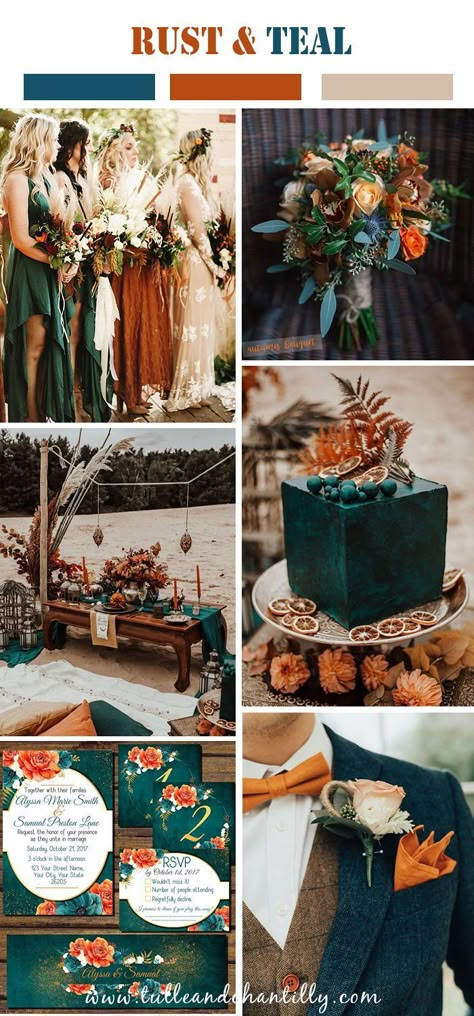 2021 fall wedding color trend, rust and teal wedding color idea#wedding #weddinginspiration ##bridalparty #maidofhonor #weddingideas #weddingcolors #tulleandchantilly #tulleandchantillyweddingblog Boho Wedding Colors, Rusting Wedding, Fall Wedding Color Schemes, Western Themed Wedding, Wedding Color Pallet, Wedding Themes Fall, Teal Wedding, Wedding 2025, Fancy Wedding