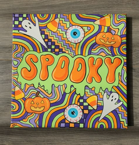 "\"Spooky\" trippy Halloween original painting by Destiny Kay Cavacece. Hand painted with acrylic paint on 10'' x 10'' stretched canvas and sealed with acrylic coating." Halloween Art Decorations, Halloween Paintings On Canvas Aesthetic, Spooky Acrylic Painting Ideas, Halloween Paintings On Canvas For Kids, Paintings For Halloween, Halloween Ideas Drawings, Halloween Acrylic, Halloween Art Aesthetic, Halloween Abstract Painting