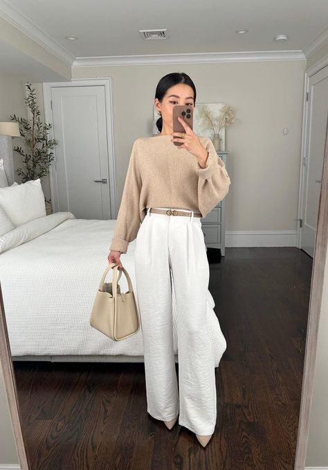 Cream Trousers Outfit Winter, Ivory Pants Outfit, Baddie Office Outfits, Cream Trousers Outfit, White Wide Leg Pants Outfit, Baddie Office, White Trousers Outfit, Trouser Pants Outfits, Cream Pants Outfit