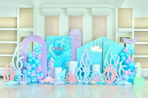 Luxury modern under the sea themed party backdrop by PartyDish Backdrop Sea Theme, Under The Sea Birthday Backdrop, Under The Sea Birthday Party Decorations Backdrops Ocean Themes, Under The Sea Backdrop Ideas, Party Stage Design, Under The Sea Backdrop, Ocean Invitation, Sea Birthday Party Decorations, First Birthday Decorations Boy