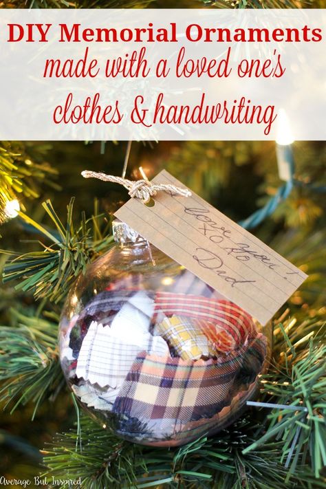 Learn how to make DIY Memorial Ornaments to help honor and remember loved ones who have passed. This project uses a loved one's old clothes and handwriting to create a Christmas ornament that will be cherished by anyone who is missing their loved one. Diy Memory Pillow From Shirt, Diy Memory Ornaments, Memory Shirts Ideas, Diy Memorial Ornaments, Memory Keepsake Ideas, Memorial Projects, Memory Ornaments, Memory Pillow From Shirt, Memory Clothes