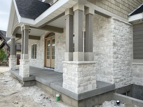 Stone Veneer Exterior, Austin White, Stone Exterior Houses, White Siding, Stone Exterior, Brick Exterior House, Stone Cladding, House Siding, House On The Rock