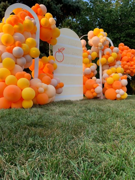 Orange And Yellow Birthday Theme, Yellow And Orange Theme Party, Orange And Yellow Party Decorations, Cutie Backdrop, Pink Orange Yellow Balloon Garland, Pink Yellow Orange Balloon Arch, Glow Backdrop, Yellow Orange Balloon Garland, Pastel Orange Balloons