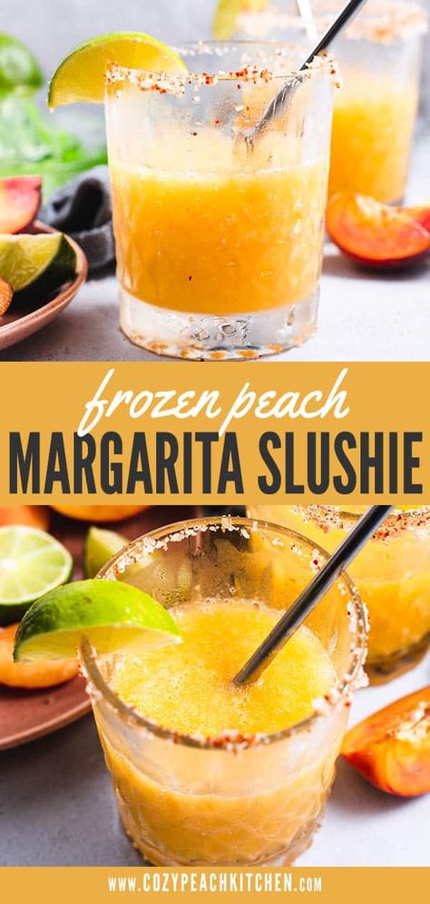 Frozen Peach Margarita Slushies are the perfect pool-side summer cocktail! All you need is four ingredients and a blender. Margarita Slushies, Frozen Peach Margarita, Tequila Smash, Peach Margarita Recipes, Peach Margaritas, Vegetarian Comfort Food Recipes, Red Lentil Stew, Quick Easy Dessert Recipes, Strawberry Tequila