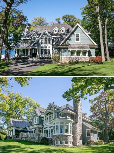 Lakeside Cottage Living - Lake Geneva, Wisconsin Bloxburg Dream House, Cottage Mansion, Shingle Style Architecture, Castle House Plans, Dream Lake House, Ocean Front Homes, Windsor House, Slope House, Lake Geneva Wisconsin