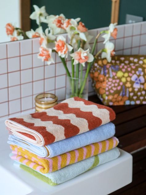 Self Care Space, Tea Time Table, Peach Bathroom, Australian Summer, Peach Tones, Bathroom Decorating Ideas, Towel Design, Bathroom Collections, Bathroom Towel