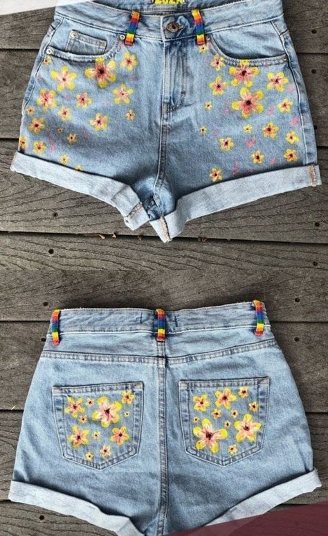 Jean Diy, Painted Shorts, Painted Clothes Diy, Shorts Diy, Diy Jeans, Denim Art, Diy Shorts, Shorts Fit, Thrift Flip