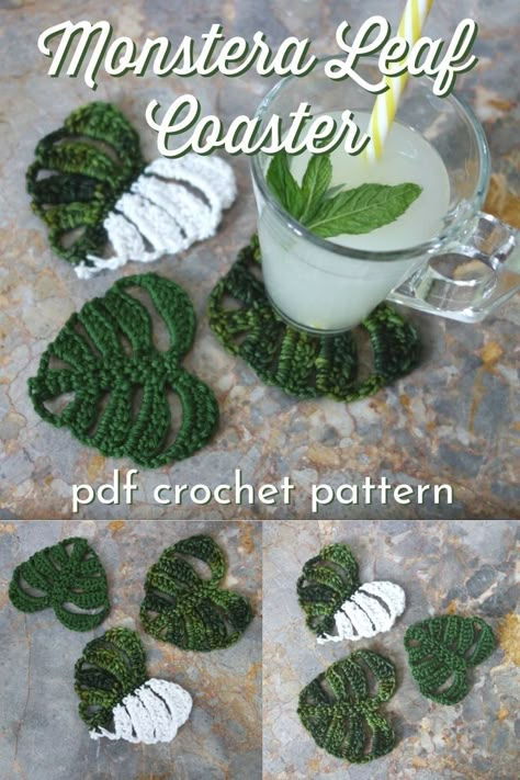 Crocheted Coasters, Crochet Plants, Crochet Coaster Pattern, Crochet Leaves, Crochet Plant, Crochet Kitchen, Monstera Deliciosa, Fun Crochet Projects, Crochet Things