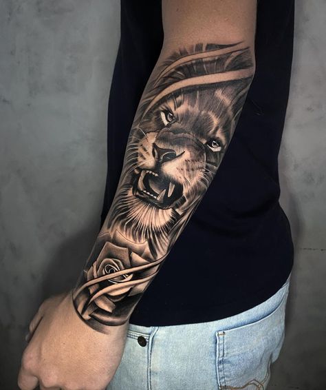 Arms Tatoos Men, Men Tatoos Arms, Outside Arm Tattoo For Men, Full Forearm Tattoo Men, Tattoo Designs For Forearm, Arms Tattoo Men, Lion Tattoo Forearm, Inside Forearm Tattoo Men Sleeve, Lion Forearm Tattoo