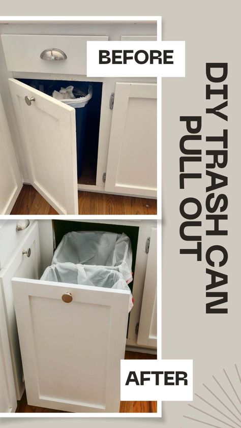 diy kitchen trash can storage ideas Pantry With Garbage Can, Pullout Garbage Cabinet, Kitchen Cabinet Garbage Drawer, Garbage Can In Pantry, Slide Out Garbage Can Diy, Pull Out Trash And Recycling, How To Make A Pull Out Trash Can Cabinet, Pull Out Recycling Cabinet, Drawer Garbage Can