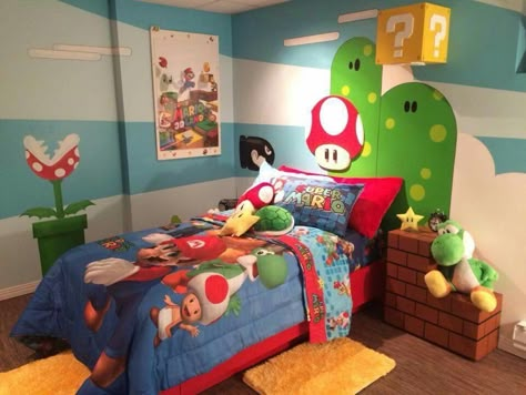 Super Mario Bedroom Decor, Mario Bro Bedroom Themed Rooms, Mario And Luigi Bedroom Ideas, Mario Kart Room, Mario Bros Bedroom Ideas, Mario Bros Room Decor, Mario Bedroom Ideas Boys, Mario Room Ideas Boys, Super Mario Bedroom Ideas