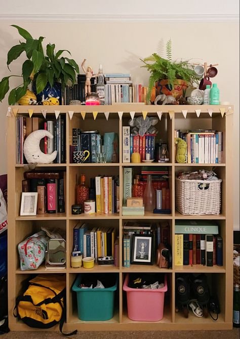 cube shelves from ikea, filled with books & trinkets for good storage 😌😌 Cube Shelves Decor, Storage Cube Ideas, Ikea Box Shelves, Cube Shelf Decor, Ikea Cubby, Cubby Makeover, Cube Bookshelf, Ikea Boxes, Cube Shelf