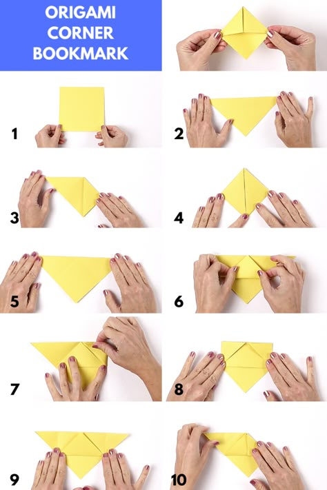 How to Fold an Origami Corner Bookmark - Follow these steps to learn this beginner fold. Then click the link to see how you can turn these into characters. #origami #papercraft #kidscraft #bookmark Origami Bookmark Corner, Bookmark Corner, Origami Bookmarks, Bookmark Crochet, Origami Bookmark, Corner Bookmark, Bookmark Craft, Instruções Origami, Easy Diy Ideas