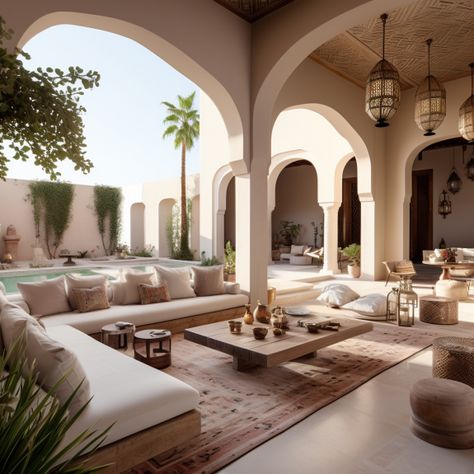 Morrocan Interieur Design, Arabic Architecture House, Moorish Architecture Modern, Moroccan Villa Design, Moroccan Style Homes, Traditional Moroccan House, Modern Moroccan Architecture, Moroccan House Design, Mediterranean Lounge