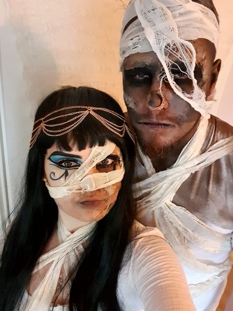 Couple Mummy Costume, Cleopatra Mummy Costume, Mummy And Cleopatra Couple Costume, Cleopatra Halloween Costume Couple, Mummy Costume Couple, Cleopatra And Mummy Costume, Mummy Costume Makeup, Cleopatra Couple Costume, Mummy Couple Costume