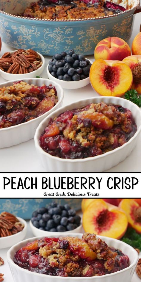 A double photo collage of peach blueberry crisp in small white bowls with fresh peaches, blueberries, and walnuts in the background. Pecan Crumble Topping, Peach Blueberry Crisp, Peach Blueberry Cobbler, Pecan Crumble, Blueberry Crisp, Pecan Topping, Brown Sugar Recipes, Peach Blueberry, Oven Baked Recipes