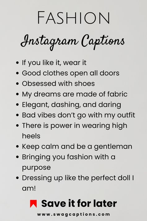 Looking for the perfect caption? We've got you covered with our Fashion Instagram Captions! Let your style shine bright and inspire others with your fashion-forward posts. Captions For Fashion Designers, Instagram Captions For Clothing Business, Captions For Fashion Posts, Names For Fashion Brand, Fashion Brand Names Inspiration, Chanel Captions, Clothes Cover Photo, Girly Esthetics, Clothing Captions