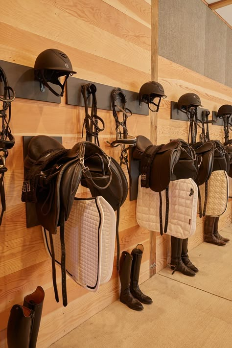 Tour a Private Dressage Facility in the Cascade Mountains - STABLE STYLE Saddle Room Ideas, Aesthetic Tack Room, Organized Tack Room, Tack Room Layout, Fancy Tack Room, Modern Horse Stable, Horse Barn Organization Ideas, Wood Horse Fence, English Tack Room