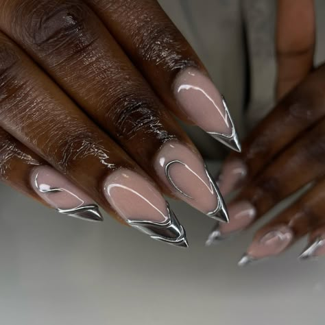 Chrome Abstract Nails Designs, Chrome Half Moon Nails, Chrome And Rhinestone Nails, Silver Abstract Nails, Chrome 3d Nails, Debs Nails, 3d Chrome Nails, Nails Hair Hips Heels, Chrome Art