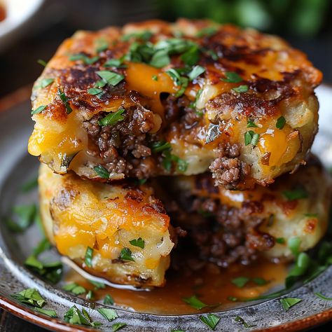 How to Make Cheesy Beef Stuffed Potato Cakes Beef Marinade Recipes, Gluten Free Potato Recipes, Potato Side Recipes, Stuffed Potato Cakes, Baking With Pumpkin, Beef And Potato Casserole, Gordon Ramsey Recipes, Rangoon Recipe, Crab Rangoon Recipe