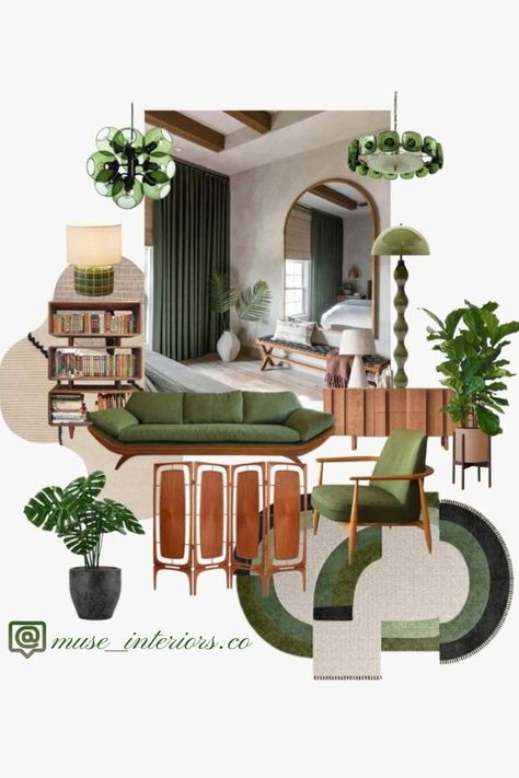 I chose this design because I liked the the use of the green Moodboard Collage Interior, Mid Century Moodboard Interior, Concept Moodboard Interior Design, Interior Moodboard Presentation, Material Collage Architecture, Soft Interior Design, Scandinavian Design Interior, Art Deco Mood Board, Magical Home Decor