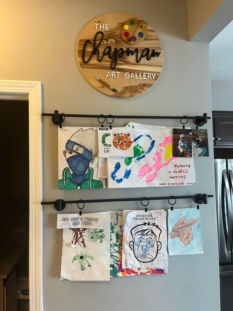 Displaying our kids’ art in a way that meshes with our home decor Kids Art Display Wall, School Pictures Display, Kids Art Display, Art Display Wall, Displaying Kids Artwork, Kids Art Galleries, Art Display Kids, Doorway Decor, Boys Playroom