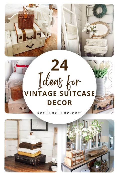 Add a touch of retro chic to your home with creative vintage suitcase decor ideas. From functional uses like stylish storage solutions to aesthetic purposes such as quirky plant holders, these old-fashioned suitcases offer endless possibilities for enhancing your space. Learn how to select the right suitcase for your project, considering factors like size, color, and condition. With these ideas, you'll be able to repurpose vintage suitcases into eye-catching decor pieces that celebrate the beaut Decorative Suitcase Ideas, Vintage Luggage Decor Ideas, Vintage Suitcase Decor Display, Decorating With Vintage Suitcases, Old Suitcases Repurposed, Decorating With Suitcases, Old Suitcase Decor, Old Suitcase Ideas Repurposed, Old Suitcase Ideas