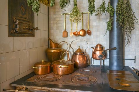 Steampunk Kitchen Ideas, Orange Books, Cottagecore Tea, Steampunk Kitchen, Dream Home Aesthetic, Teapot Decor, Books Drawing, Vintage Copper Pots, Witch Kitchen