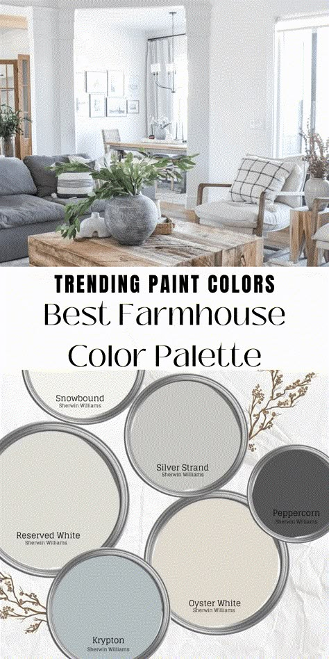 Love your new farmhouse color palette with these modern neutral tones that will create an absolutely stunning home design. Small House Color Palette, Outside Farmhouse Colors, Coordinating Interior Paint Colors, Farmhouse Living Room Color Ideas, Farmhouse Decor Color Palette, Modern Colours For Living Room, House Paint Themes, Tone On Tone Color Palette, Paint By Room Color Schemes