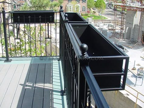 A fabricated steel flower box hanging on a balcony railing. Balcony Planter Boxes, Balcony Railing Planters, Deck Railing Planters, Balcony Planters, Railing Planters, Railings Outdoor, Small Balcony Garden, Balcony Railing Design, Balcony Flowers