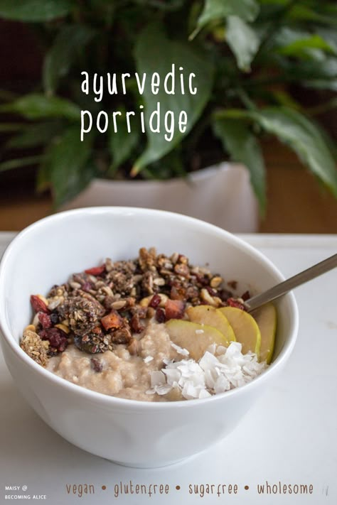 Ayurvedic Breakfast Porridge (+ the best granola topping ever!) | Homestead Herbs & Healing | holistic living Ayurvedic Instant Pot Recipes, Ayurvedic Shopping List, Vata Breakfast Ideas, Ayurvedic Meal Plan, Postpartum Porridge, Aruveyda Recipes, Auyervedic Recipes, Pitta Breakfast, Ayurvedic Porridge